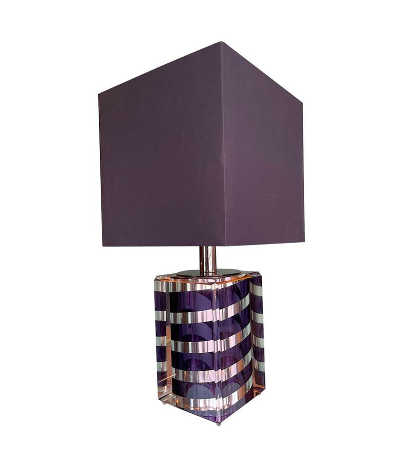A large Mid Century Table lamp made of lucite and chrome with purple and chrome stripes and a black shade - Mid Century Lighting - 1970s table lamp