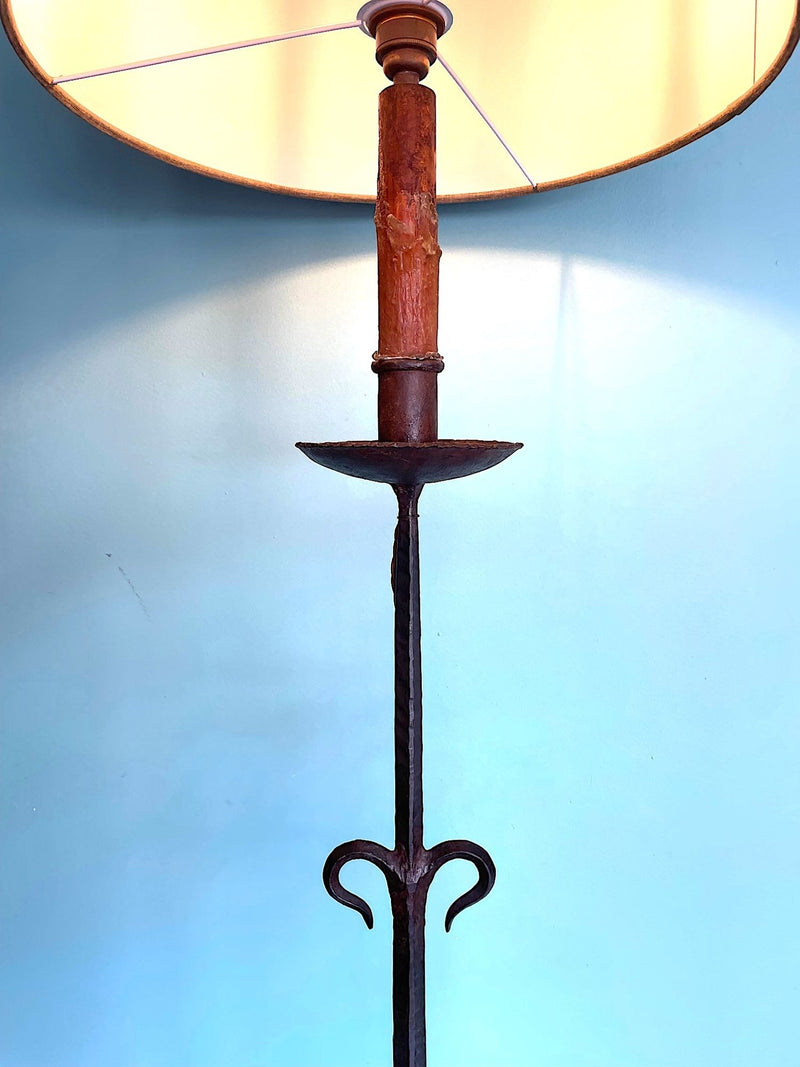 Mid century floor lamp Spanish wrought iron with bespoke linen shade - Mid Century Lighting