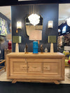 Mid Century table lamps with Travertine bases and brass fittings with blue linen shades - Mid Century Lighting
