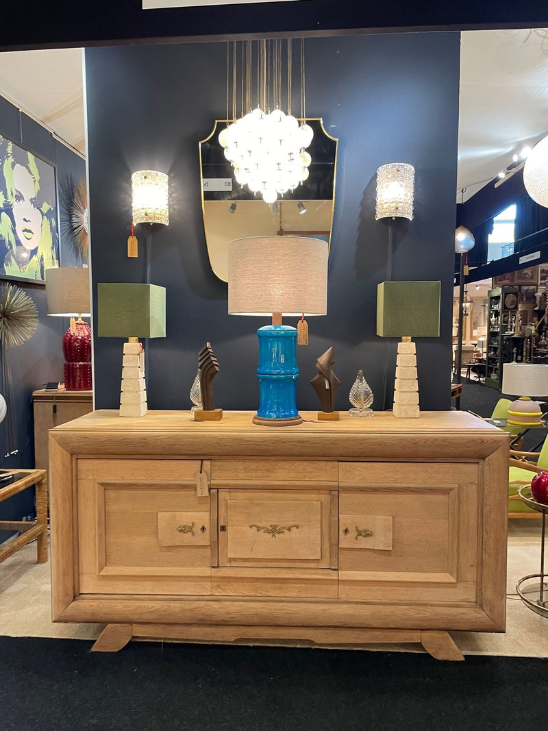 Mid Century table lamps with Travertine bases and brass fittings with blue linen shades - Mid Century Lighting