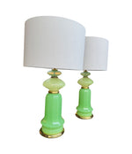 A pair of 1960s Murano glass green opaline lamps with brass base and fittings