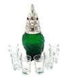 A wonderful Victorian style green glass, cockatoo decanter in silver plated cage with 8 glasses