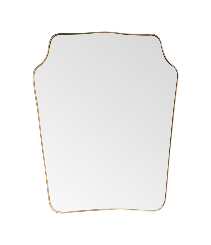 A large original 1950s Italian shield mirror with brass frame, original plate and solid wood back