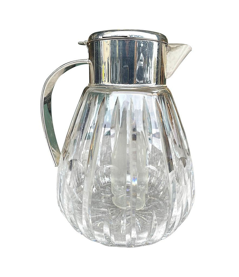 Mid Century Crystal lemonade jug with silver plated handle and central ice tube - Vintage Barware