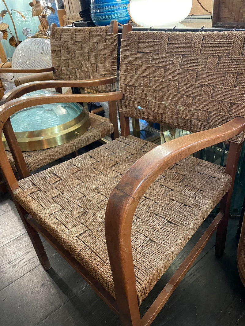 A pair of Mid Century French bent wood chairs in the style of Erich Dieckmann with original woven rope seats - Mid Century Furniture - Mid Century Chairs