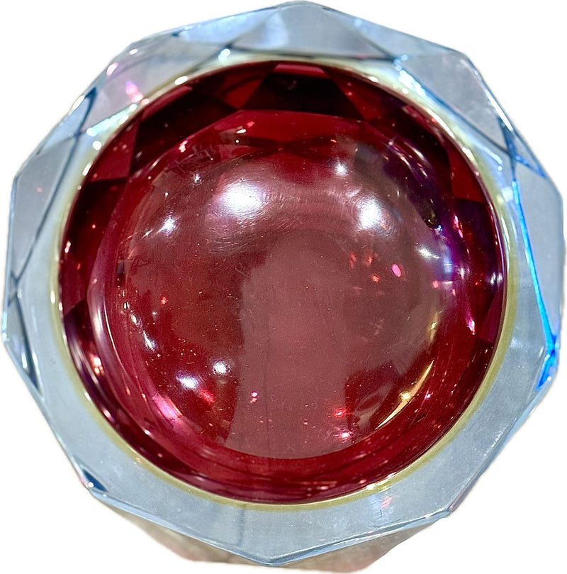 A large heavy 1960s faceted Sommerso Murano glass bowl by Seguso in blue, purple and yellow