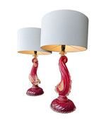 A wonderful pair of 1940s red Murano dolphin lamps by Barovier & Toso
