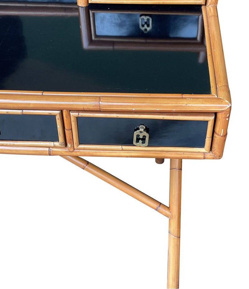 Mid Century Bamboo, brass and black laminate desk with galleried top - Mid Century Furniture - Ed Butcher Antiques Shop London