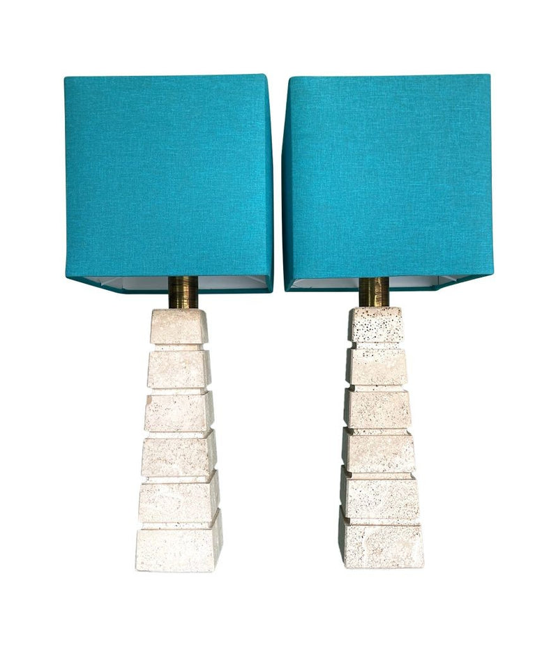 Mid Century table lamps with Travertine bases and brass fittings with blue linen shades - Mid Century Lighting
