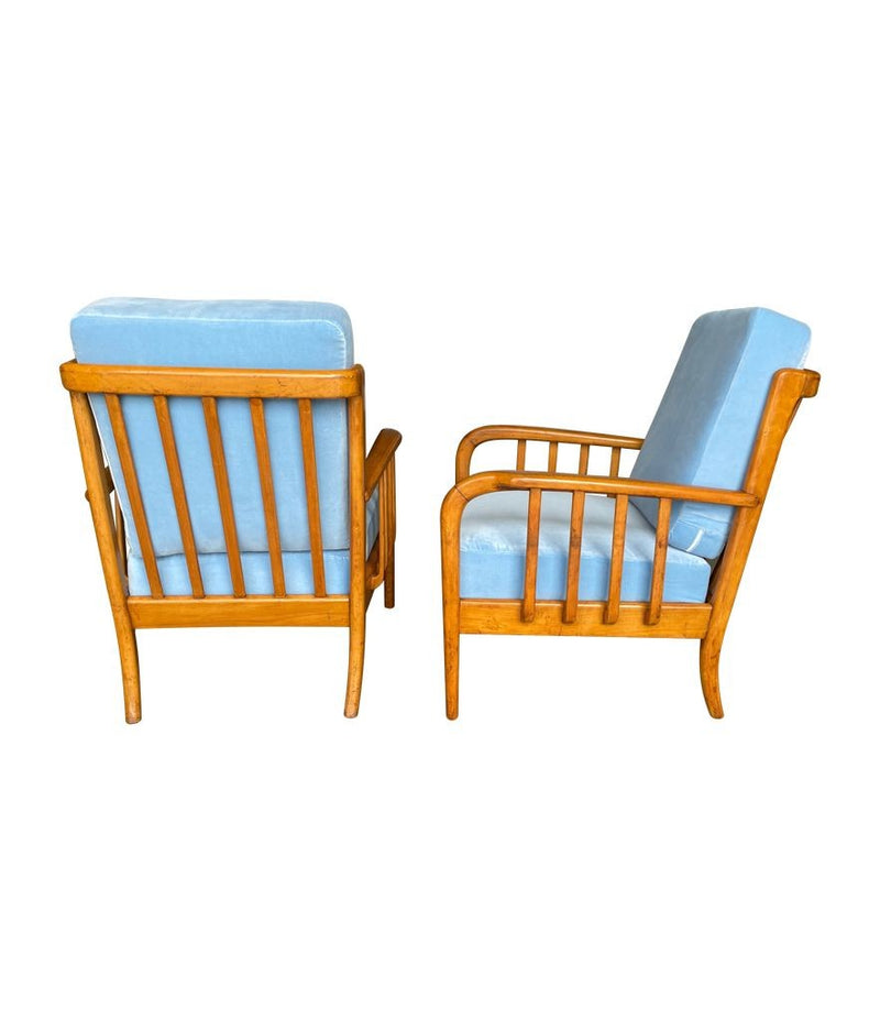 A pair of 1950s Italian armchairs attributed to Paolo Buffa, newly upholstered in Designers Guild velvet