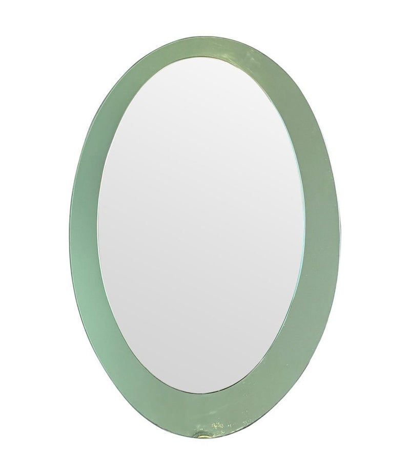 An Italian 1960s Crystal Arte oval mirror with pastel mint green mirrored frame