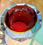 A large heavy 1960s faceted Sommerso Murano glass bowl by Seguso in blue, purple and yellow