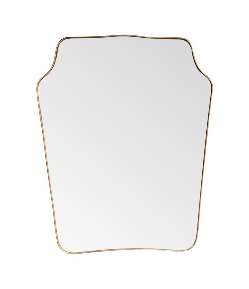 A large original 1950s Italian shield mirror with brass frame, original plate and solid wood back