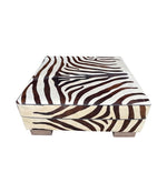 cowhide covered ottoman or coffee table with printed zebra skin design - Ed Butcher Antiques Shop London