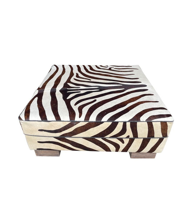 cowhide covered ottoman or coffee table with printed zebra skin design - Ed Butcher Antiques Shop London