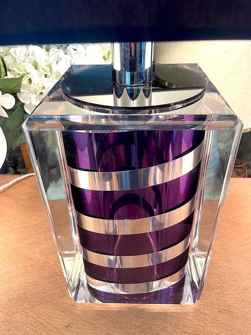 A large Mid Century Table lamp made of lucite and chrome with purple and chrome stripes and a black shade - Mid Century Lighting - 1970s table lamp