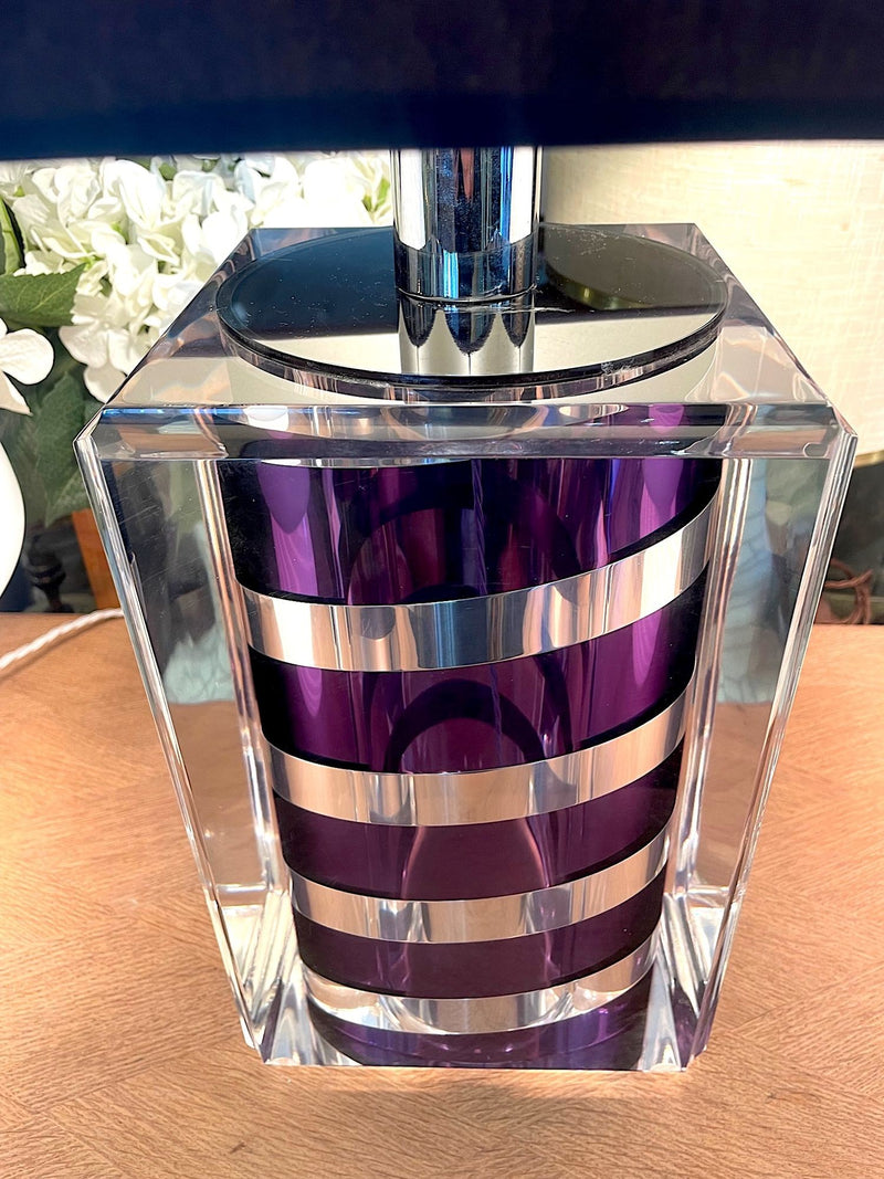 A large Mid Century Table lamp made of lucite and chrome with purple and chrome stripes and a black shade - Mid Century Lighting