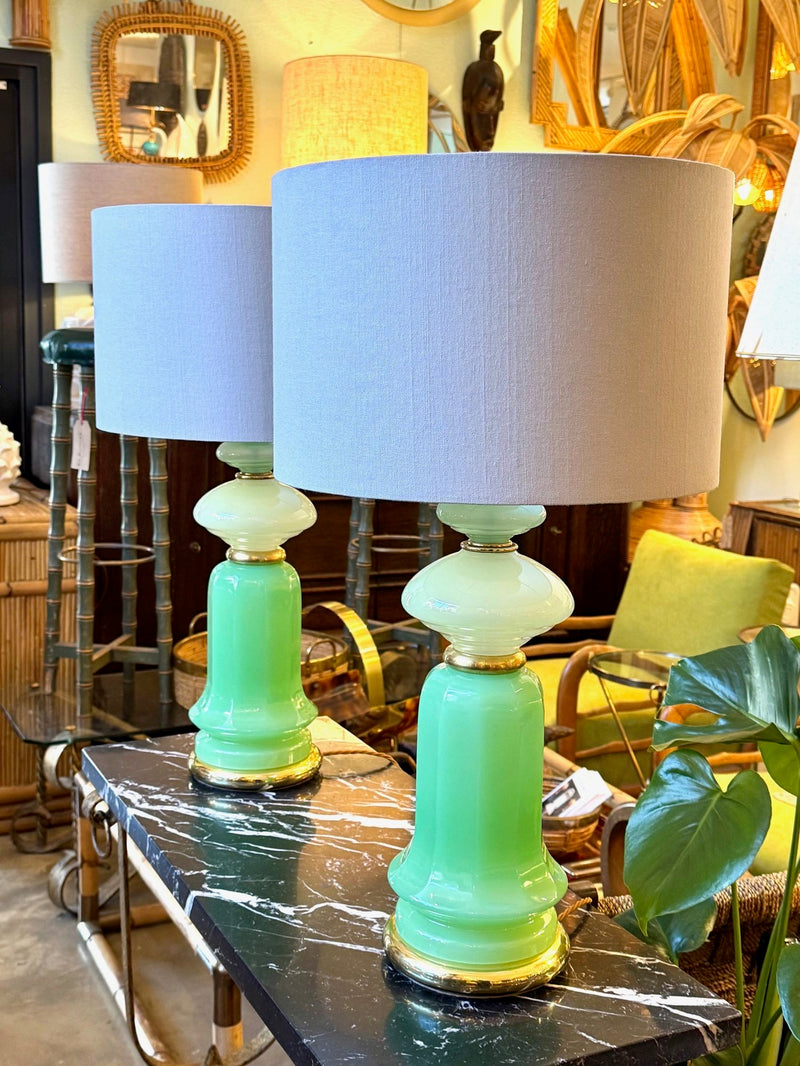 A pair of 1960s Murano glass green opaline lamps with brass base and fittings