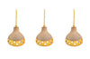 A set of three 1960s French glazed ceramic ceiling lights suspended from thick knotted rope