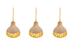 A set of three 1960s French glazed ceramic ceiling lights suspended from thick knotted rope