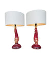 A wonderful pair of 1940s red Murano dolphin lamps by Barovier & Toso