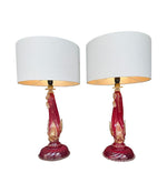 A wonderful pair of 1940s red Murano dolphin lamps by Barovier & Toso
