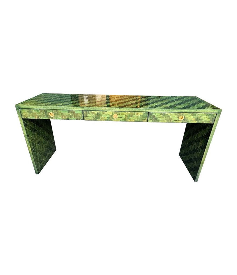 A 1970s woven green rattan three drawer console table by Vivai Del Sud