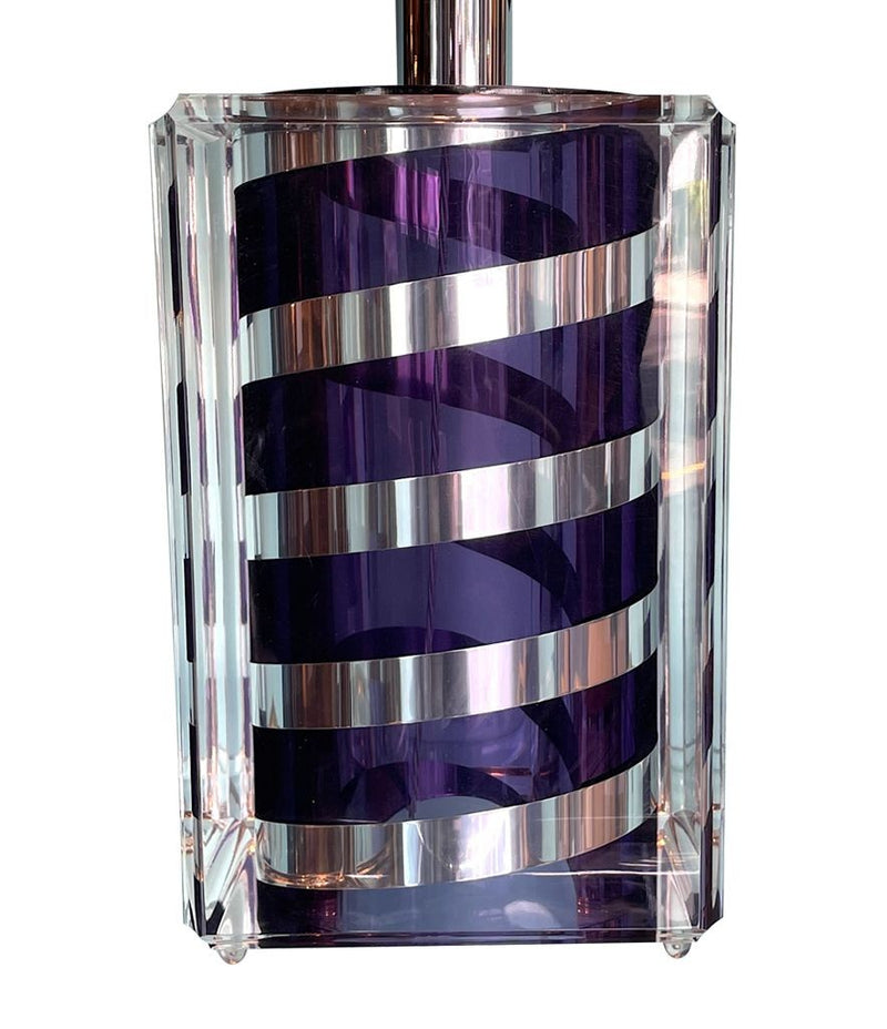 A large Mid Century Table lamp made of lucite and chrome with purple and chrome stripes and a black shade - Mid Century Lighting - 1970s table lamp