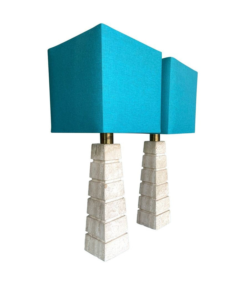 Mid Century table lamps with Travertine bases and brass fittings with blue linen shades - Mid Century Lighting