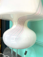 A large Mid Century handmade Murano glass white mushroom lamp with pink and grey striped detail - Mid Century Lighting