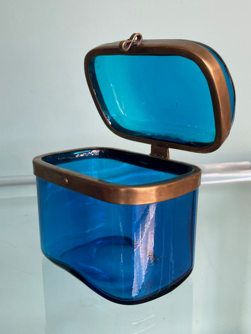 Vintage Blue Murano glass jewellery box with brass clasp