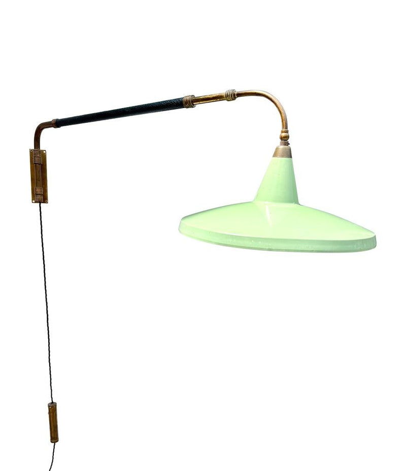 An Italian 1950s Stilnovo brass extendable telescopic wall light with green stitched leather arm
