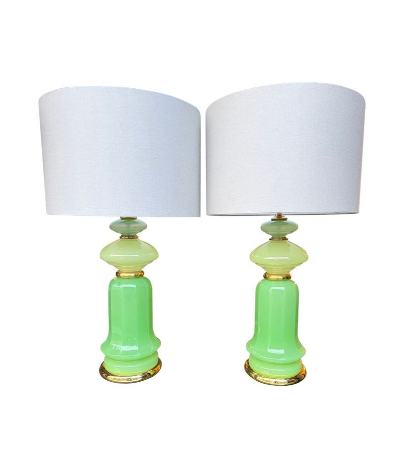 A pair of 1960s Murano glass green opaline lamps with brass base and fittings