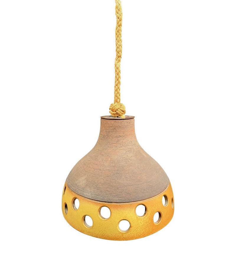 A set of three 1960s French glazed ceramic ceiling lights suspended from thick knotted rope