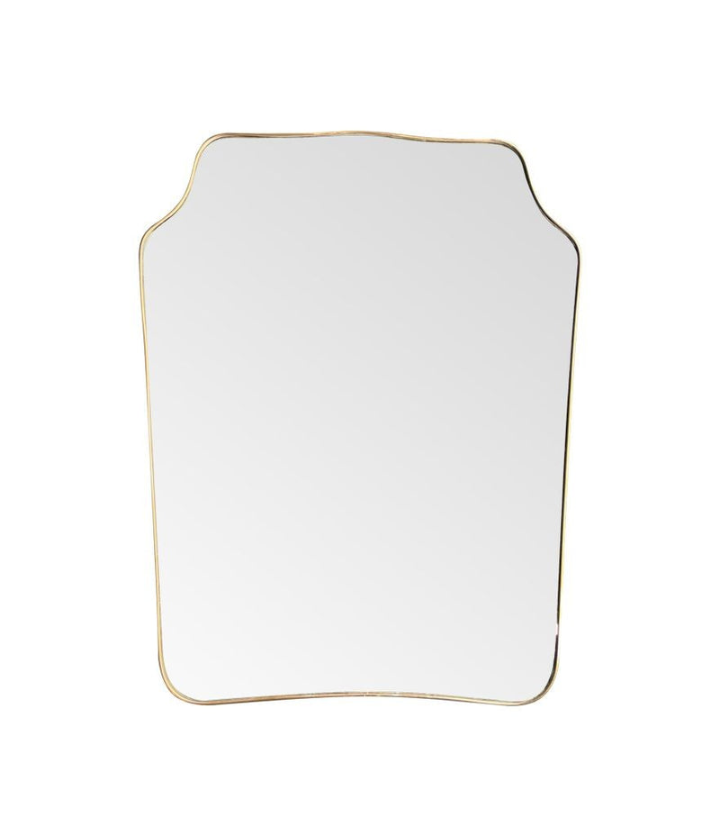 A large original 1950s Italian shield mirror with brass frame, original plate and solid wood back