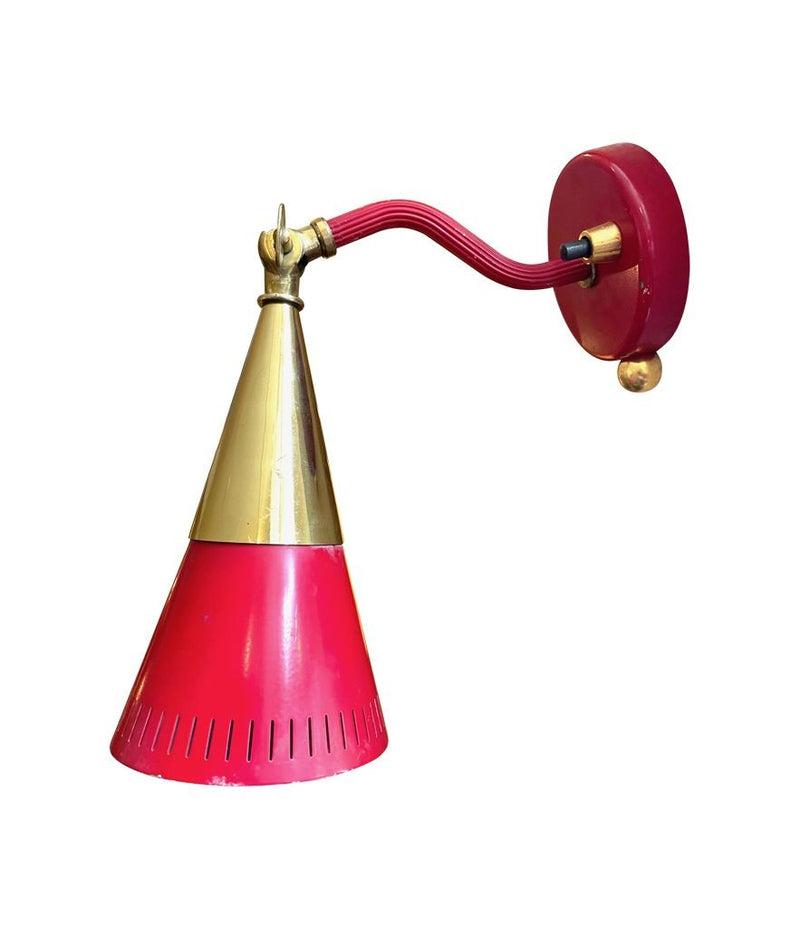 A pair of Holm Sorensen 1950s red enamelled metal and brass adjustable wall lights