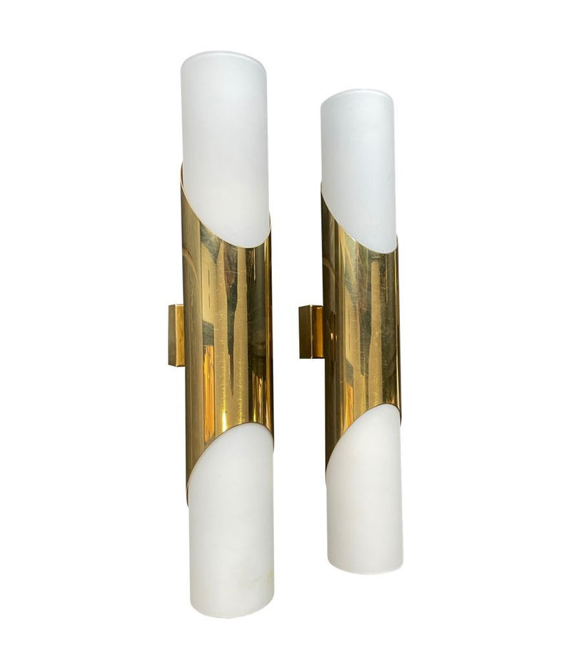 A pair of 1960s Neuhaus Leuchten white oplaine and brass wall sconces