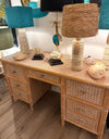 A 1980s colonial style carved wood and rattan desk by Roche Bobois