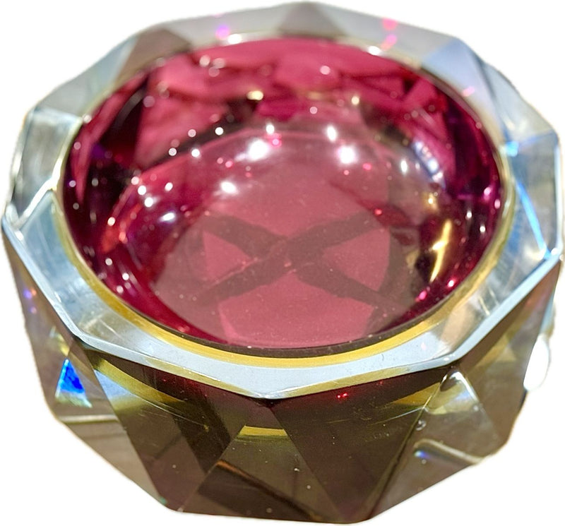 A large heavy 1960s faceted Sommerso Murano glass bowl by Seguso in blue, purple and yellow