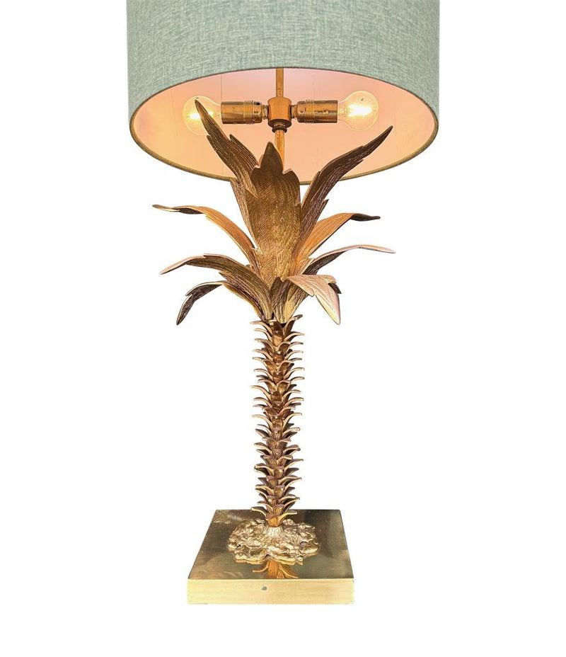 Mid Century table lamp palm tree lamp 1950s French with bespoke green linen shade