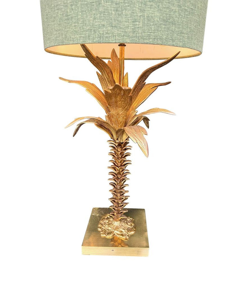 Mid Century table lamp palm tree lamp 1950s French with bespoke green linen shade