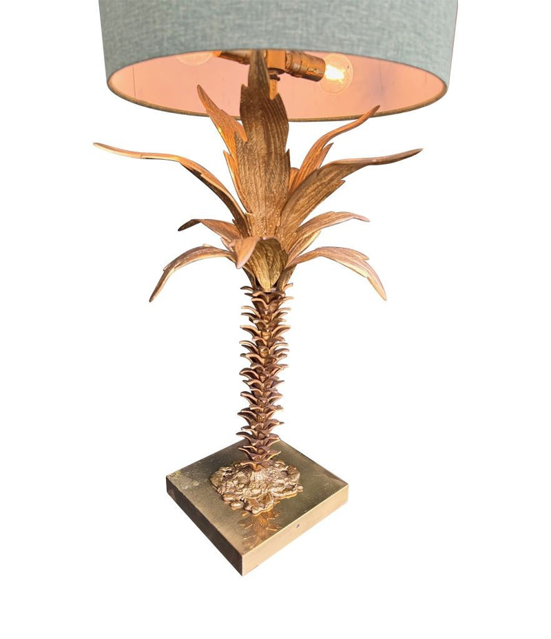 Mid Century table lamp palm tree lamp 1950s French with bespoke green linen shade