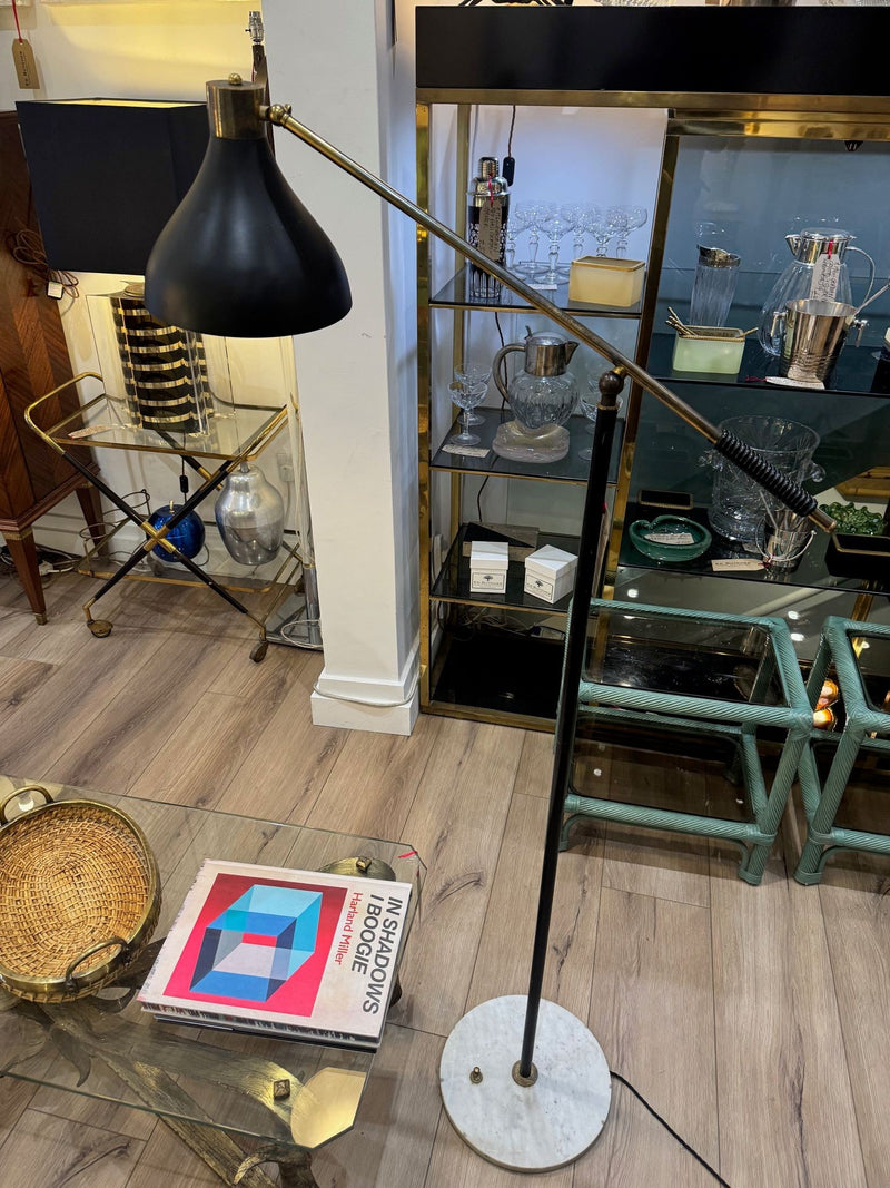 Mid century floor lamp by Stilux Italian 1960s black enamel, brass and marble adjustable floor lamp
