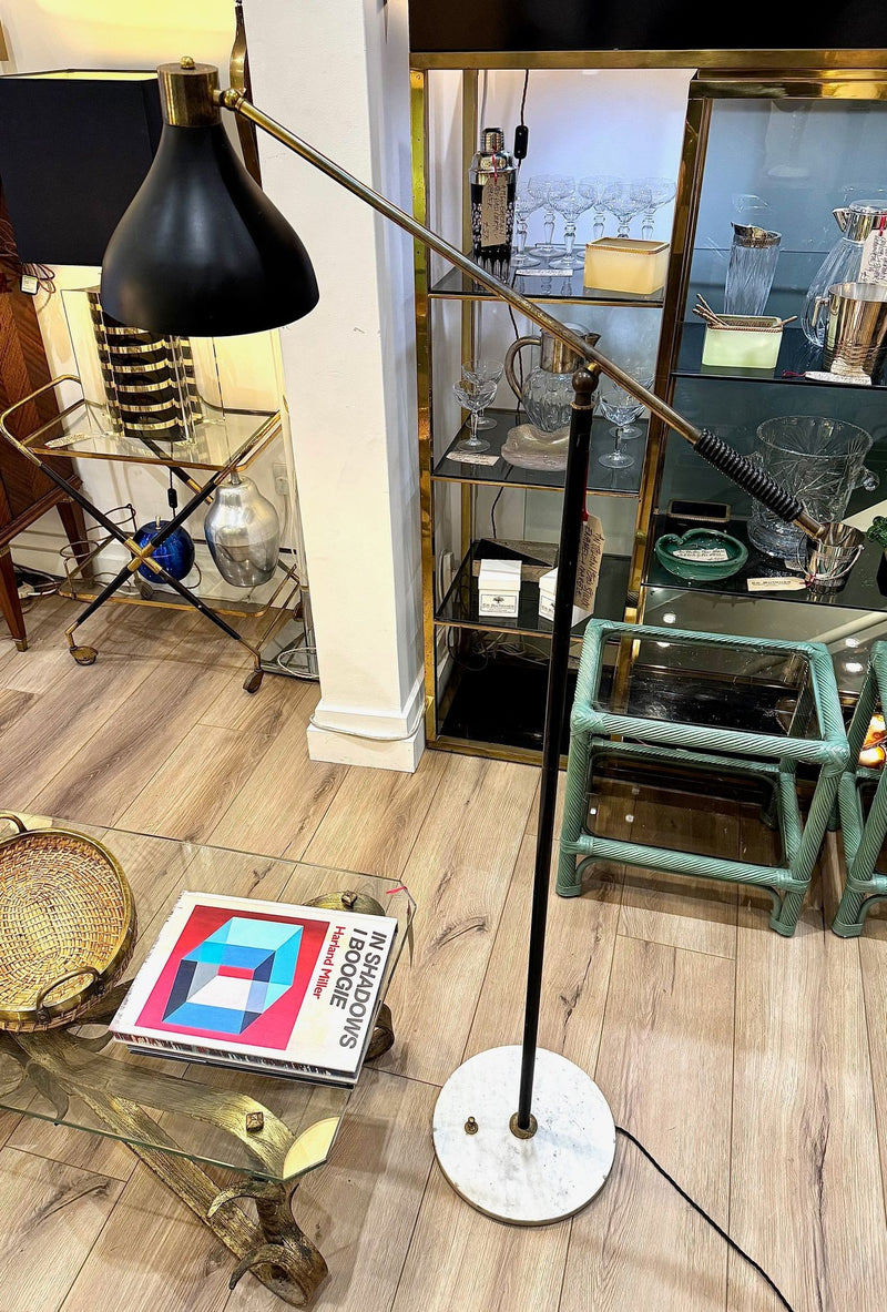 Mid century floor lamp by Stilux Italian 1960s black enamel, brass and marble adjustable floor lamp