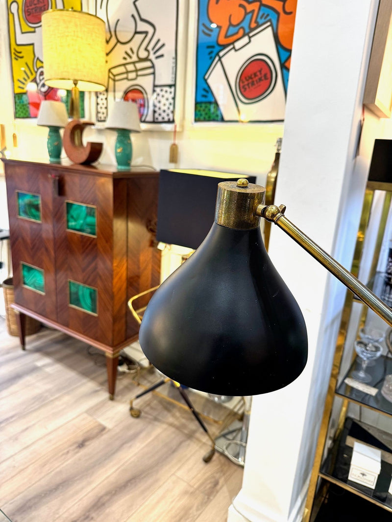 Mid century floor lamp by Stilux Italian 1960s black enamel, brass and marble adjustable floor lamp