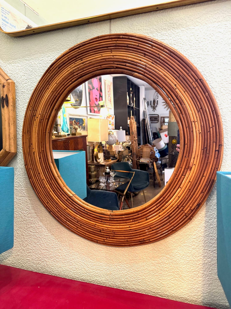 Mid Century bamboo mirror Vivai el Sud Style pencil reed mirror - 1970s