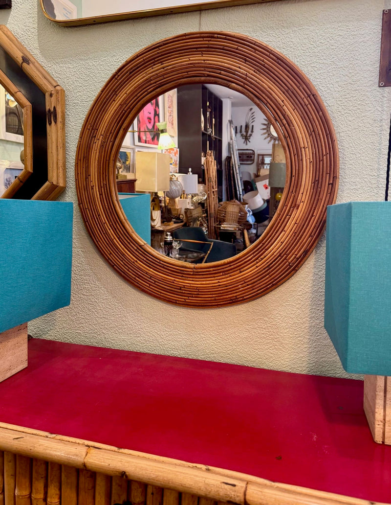 Mid Century bamboo mirror Vivai el Sud Style pencil reed mirror - 1970s