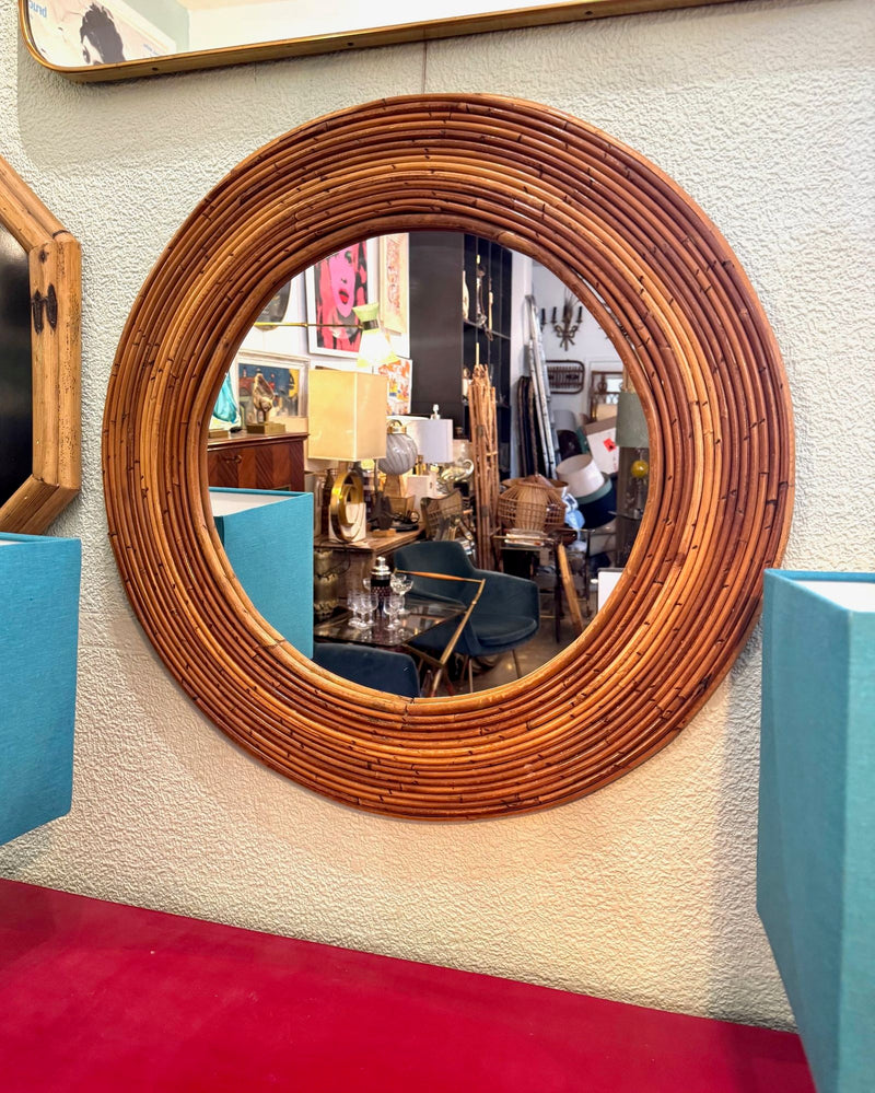 Mid Century bamboo mirror Vivai el Sud Style pencil reed mirror - 1970s