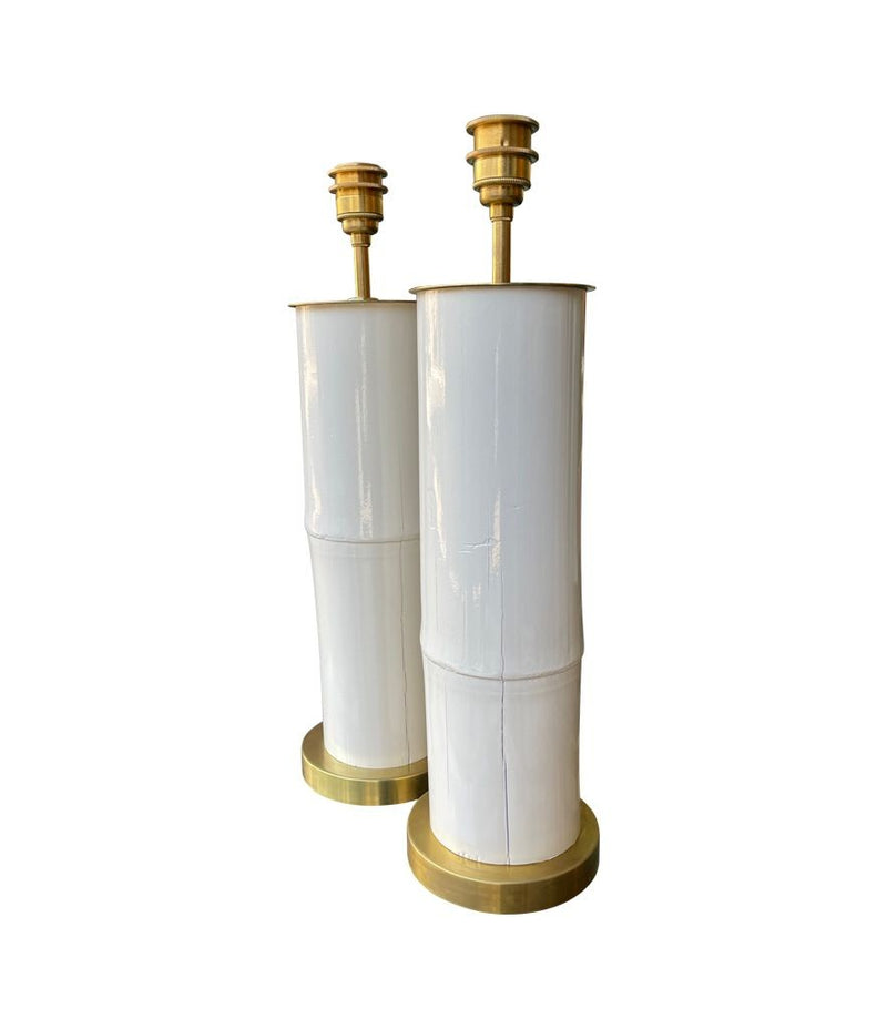 Ivory lacquered real bamboo and brass table lamps