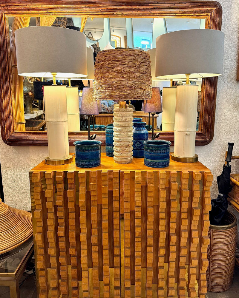 Ivory lacquered real bamboo and brass table lamps